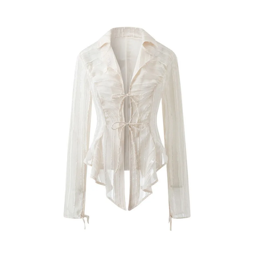 

Hollow Out V-neck Chiffon Sunscreen Shirt Irregular Loose Beige Shirt Women Lace-up Ruffle Long Sleeve Shirt Party