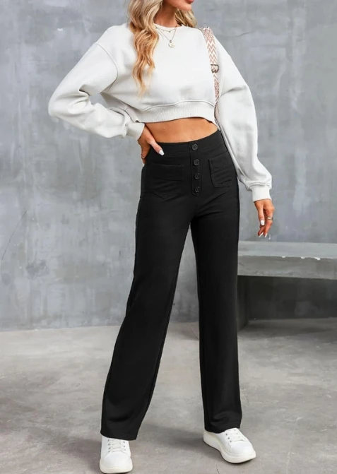 Casual High Waisted Straight Leg Pants with High Waisted Buttons Elastic Slim Fit with Multiple Pockets for Women\'s Commut Pants