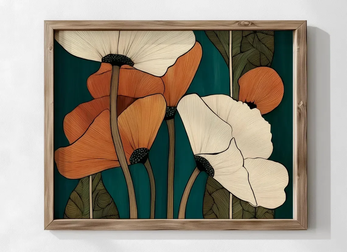 1pc frameless Canvas Painting Abstract Botanical Wall Art Floral Teal Print Modern Flower Wall Art Botanical Bedroom Art Modern