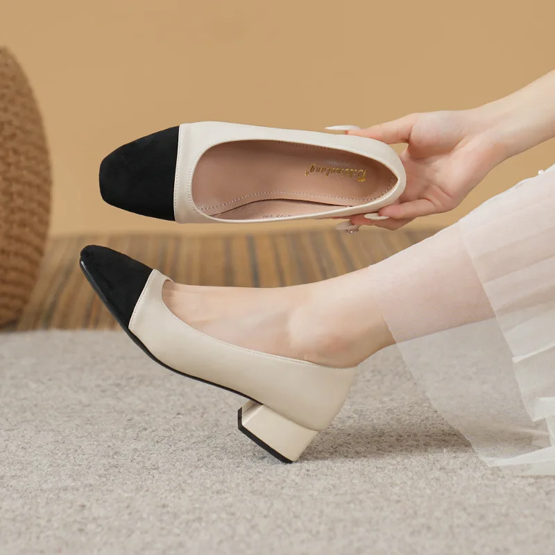 French Style Spliced Color Leather Upper Chunky Heel Women's Spring Autumn Winter Fashion Single Shoes Slip-On Rubber Sole