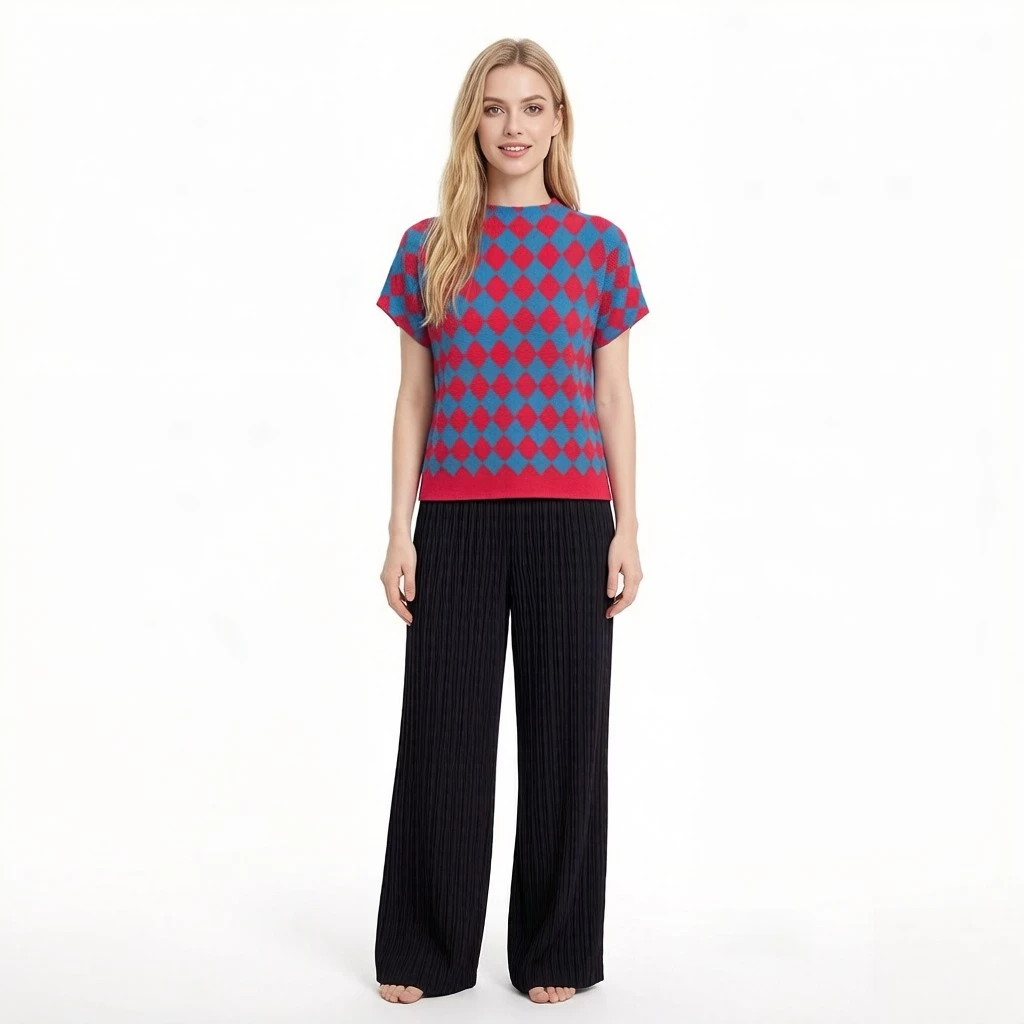 Miyake Pleats 2026 Summer New Arrival Black & White Diamond-Pattern Knit Short-Sleeve Top Vintage Checkered Oversized T-Shirt