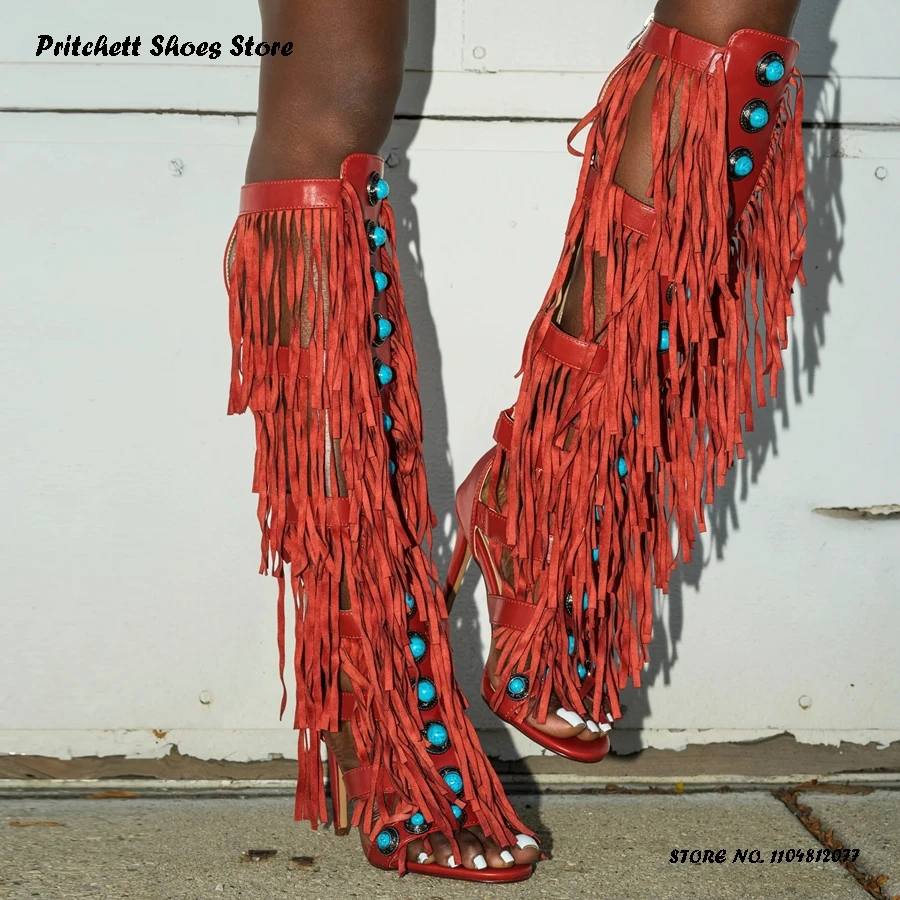 

Women's Gemstone Embellished Tassel Sandals Round Open Toe Knee High Gladiator Stilettos Summer Back Zip Thin Heels Party Shoes