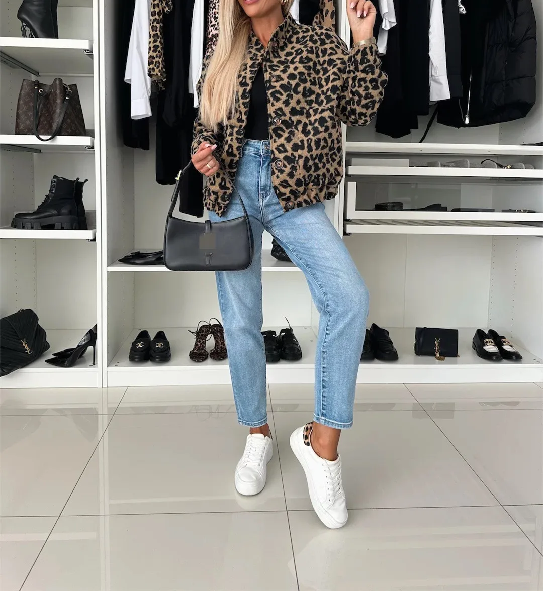 

New Fashion Autumn/Winter Casual Long Sleeve Stand Collar Single Breasted Leopard Loose Fit Jacket For Women