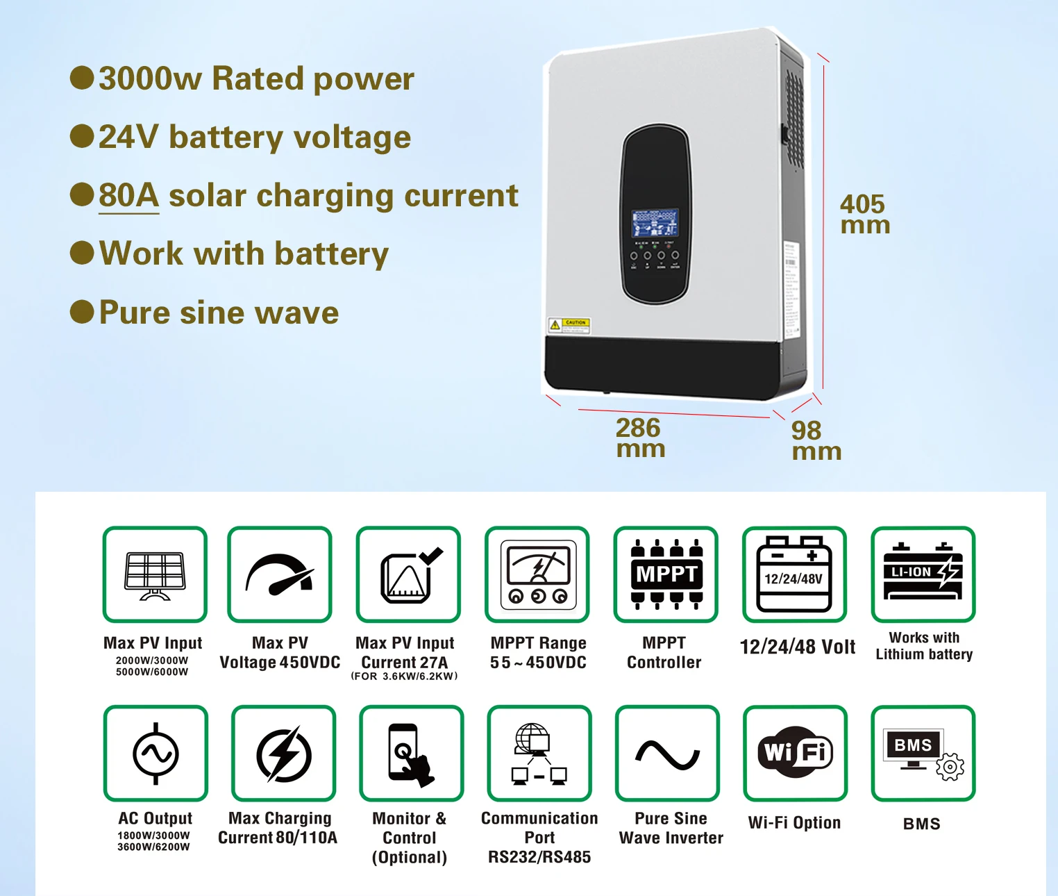 Imagem -02 - Inversor Solar do Poder Puro da Onda Senoidal Mppt Escala do Picovolt 3.2kva 24v 230vac 50hz 60hz Mppt 55450vdv