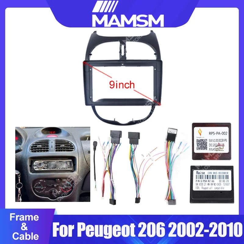 Adaptador de marco de coche de 9 pulgadas, caja Canbus, kit de panel de instalación de radio Android para Peugeot 206 2002-2010