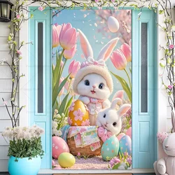 Happy Easter Cute Bunny Theme Background Fantasy Spring Wreath Door Cover Bunny Dog Flower Eggs Baby Party Decoration Gift Prop