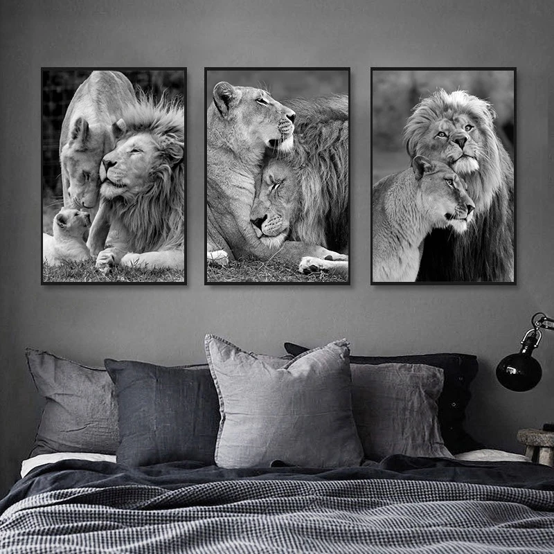 

Modern Animal Black White Lion Family Posters and Prints Canvas Printing Wall Art Pictures for Living Room Home Decoration