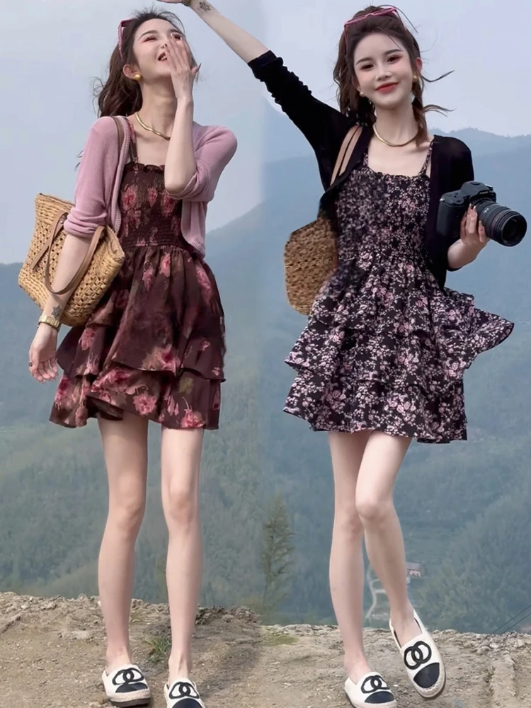 Faionable طباعة الأزهار ort Strapl Dr المرأة التخسيس صيف 2024 النسخة الكورية الجديدة تجمع الخصر لينة النسيج...