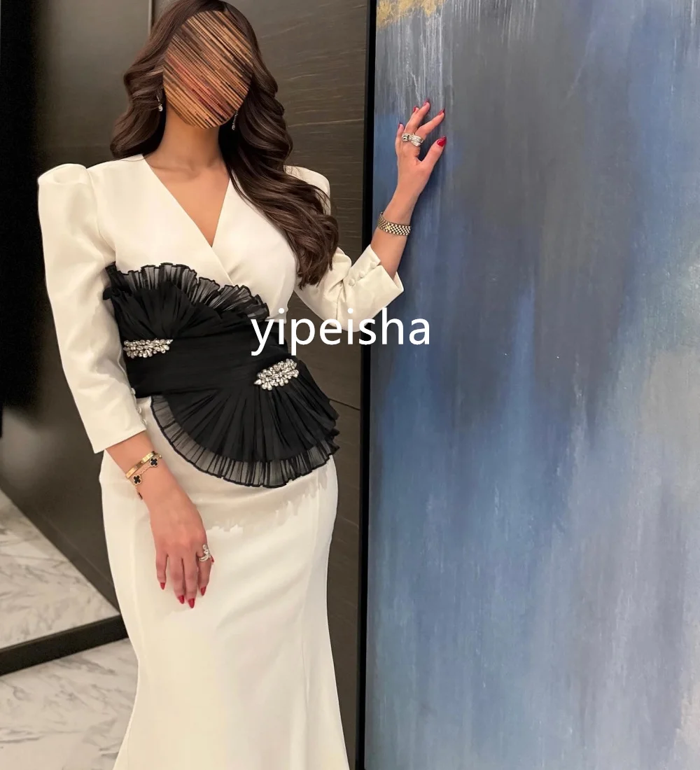 Customized Elegant Jersey Pleat Trumpet V-neck Long Dresses Evening  Classic Exquisite Modern Style Sexy Sparkle Sizes Available