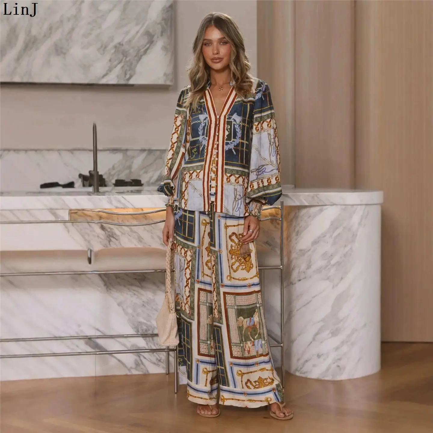 Women's Vacation Short Sleeve Color Block Casual Knot Set Long Pants Open Cardigan Four Seasons European Style Abstract Pattern