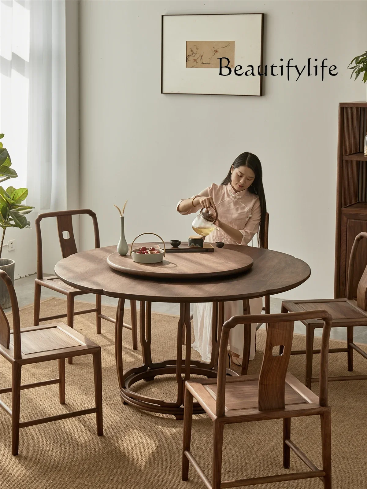 Chinese round table combination solid wood dining table and chairs light luxury household dining table furniture with turntable