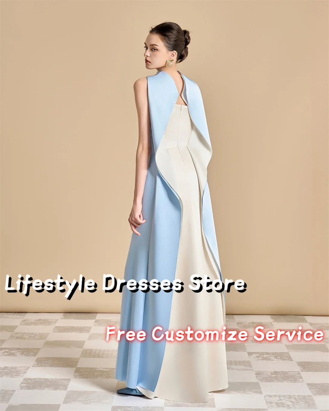 Customized Sleeveless Elegant Party Dress 2024 Ruched Light Blue Prom Evening Dress Wedding Formal Gown