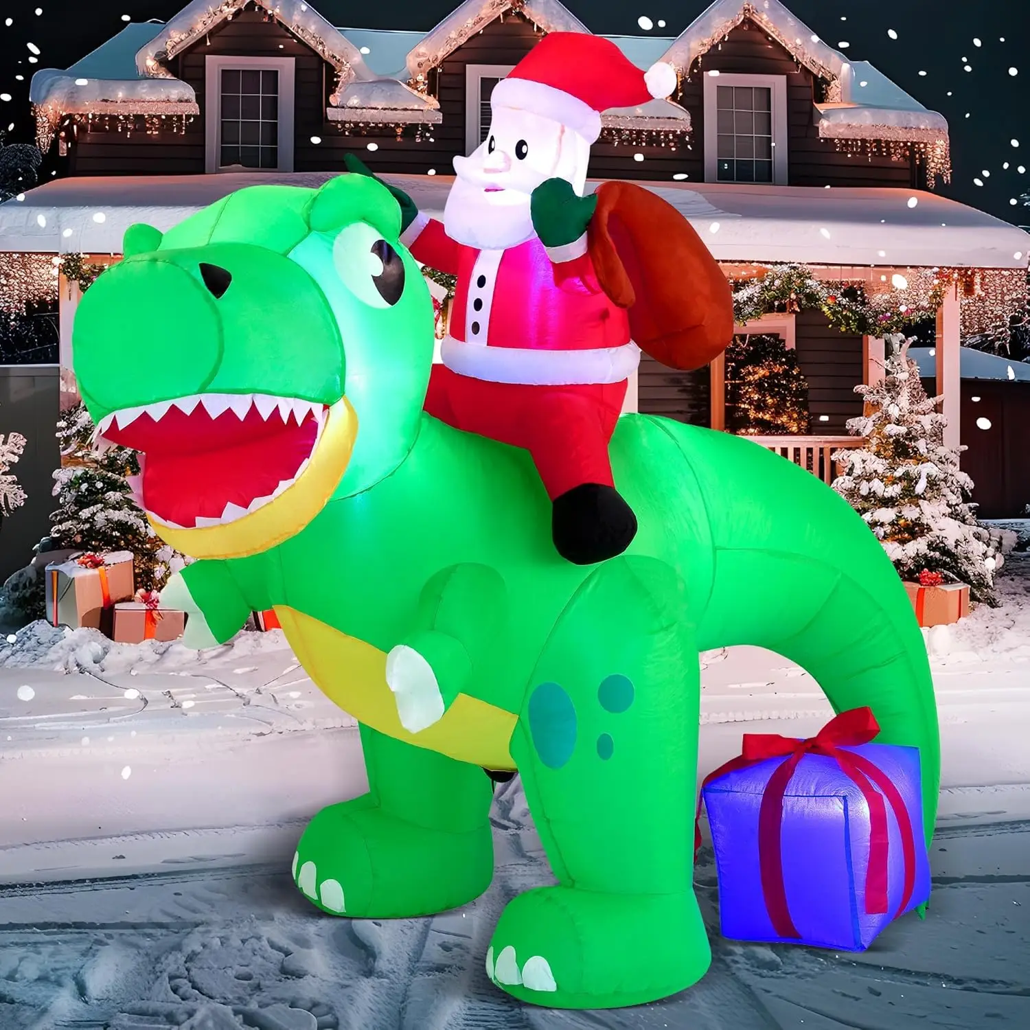 6 FT Christmas Inflatable Dinosaur with Build-in LEDs Dinosaur with Santa for Christmas Inflatable Outdoor Decoration