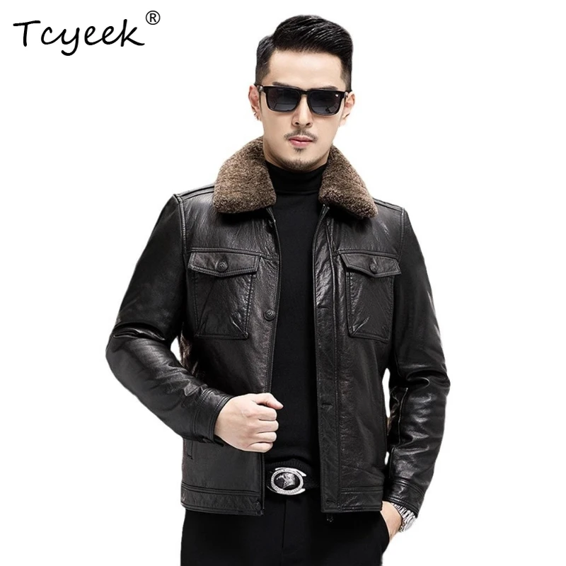 

Tcyeek Top Layer Cowskin White Goose Down Autumn Winter Trendy Lapel Solid Color Men's Genuine Leather Jacket Jaquetas Masculino