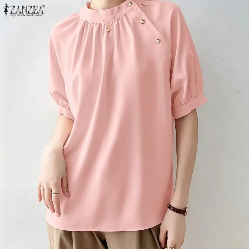 

Women Summer Solid Color Blouse 2026 ZANZEAFashion Elegant Short Sleeve Tunic Casual Work Shirt Buttons-Up Tops Mujer Femme
