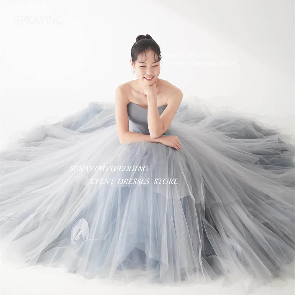 SPRAYING Simple A-line Sweetheart Wedding Dresses Tulle Floor-Length Long Bridal Gown Grey Blue Korea Photo Shoot Corset Back