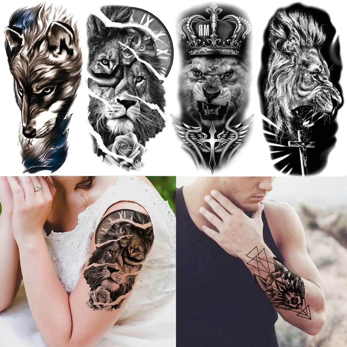 24 Sheets Full Arm Temporary Tattoo Sleeve For Men Women Thigh Arm Tattoo Black Flower Eagle Compass Tiger Tatoos Large Size 3D