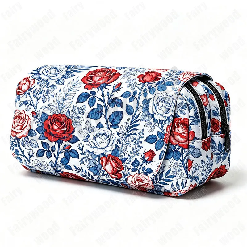 Fashionable Art Floral Pattern Woman Cosmetic Case Roses Women Makeup Bag Pencil Pen Holder Large Stationary School Supplies