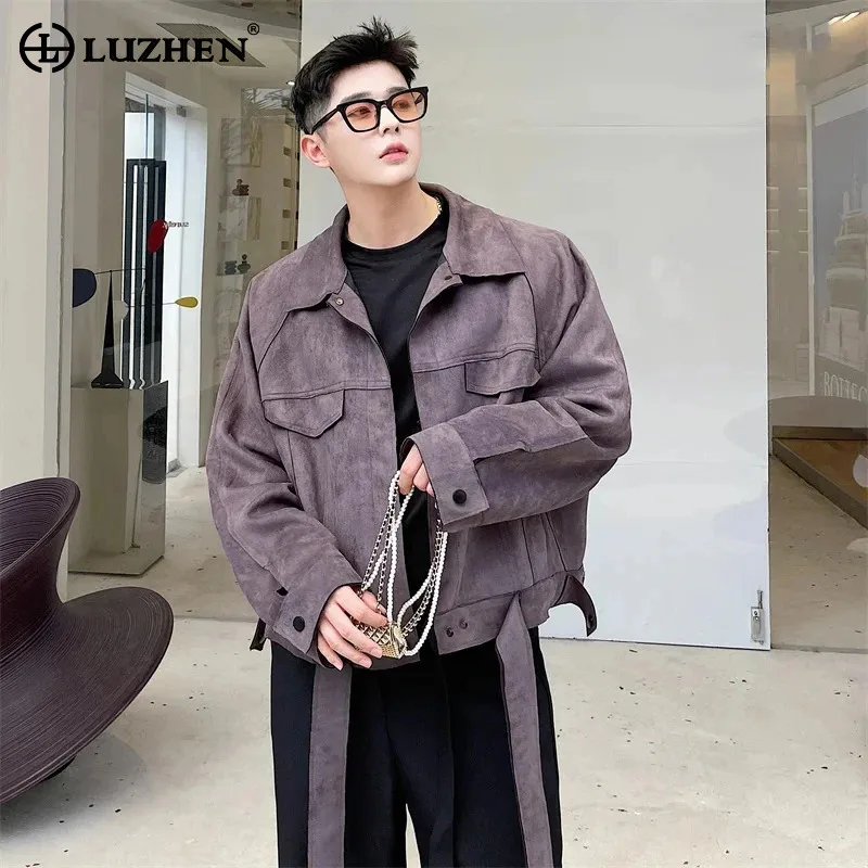 LUZHEN Men's Stylish Elegant Ribbon Decorate Original Casual Suede Jacket 2024 Autumn New Trendy High Quality Short Coat LZ2719