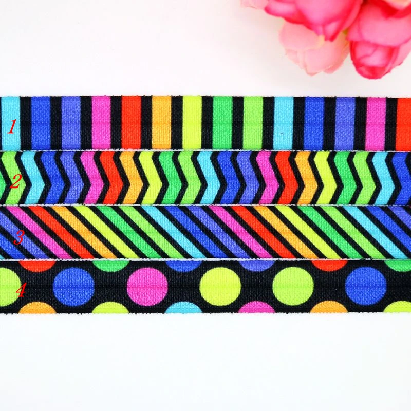 DHK 5/8'' Fold Elastic FOE neon chevron stripe dot printed headband headwear hairband diy decoration wholesale C05