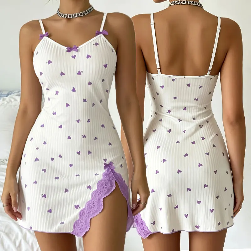 Heart Print Threaded Knit Nightdress Lace Floral Trim Women Pajamas Elegant Home Clothing Split Hem Drees Bow Sling Nightgown