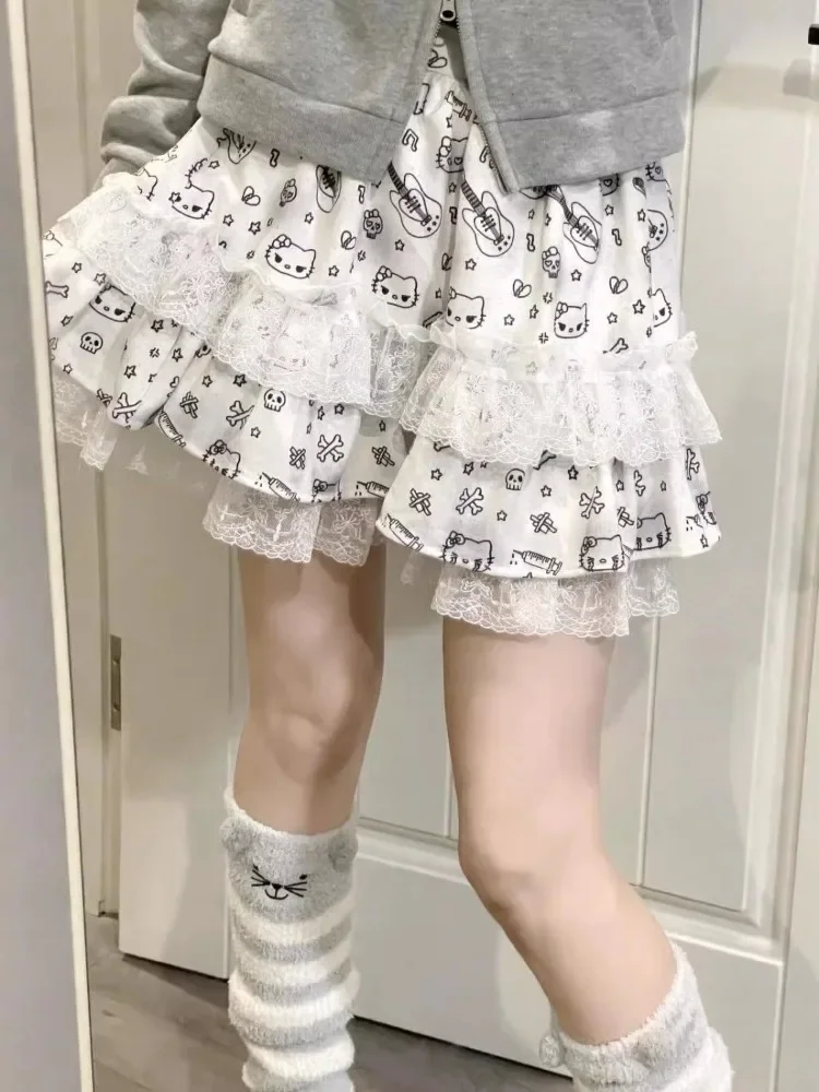 QWEEK Coquette Y2k Kawaii Cute Print Lace Mini Skirt Ruffles Gothic Goth Lolita Japanese Harajuku Shoit Skirt 2024 Spring Summer