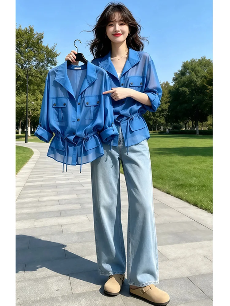 Elegant Unique Dopaamine Sun Protection Shirt Women's Summer New Design Loose Thin Top Casual Style Long Sleeve Flip Collar