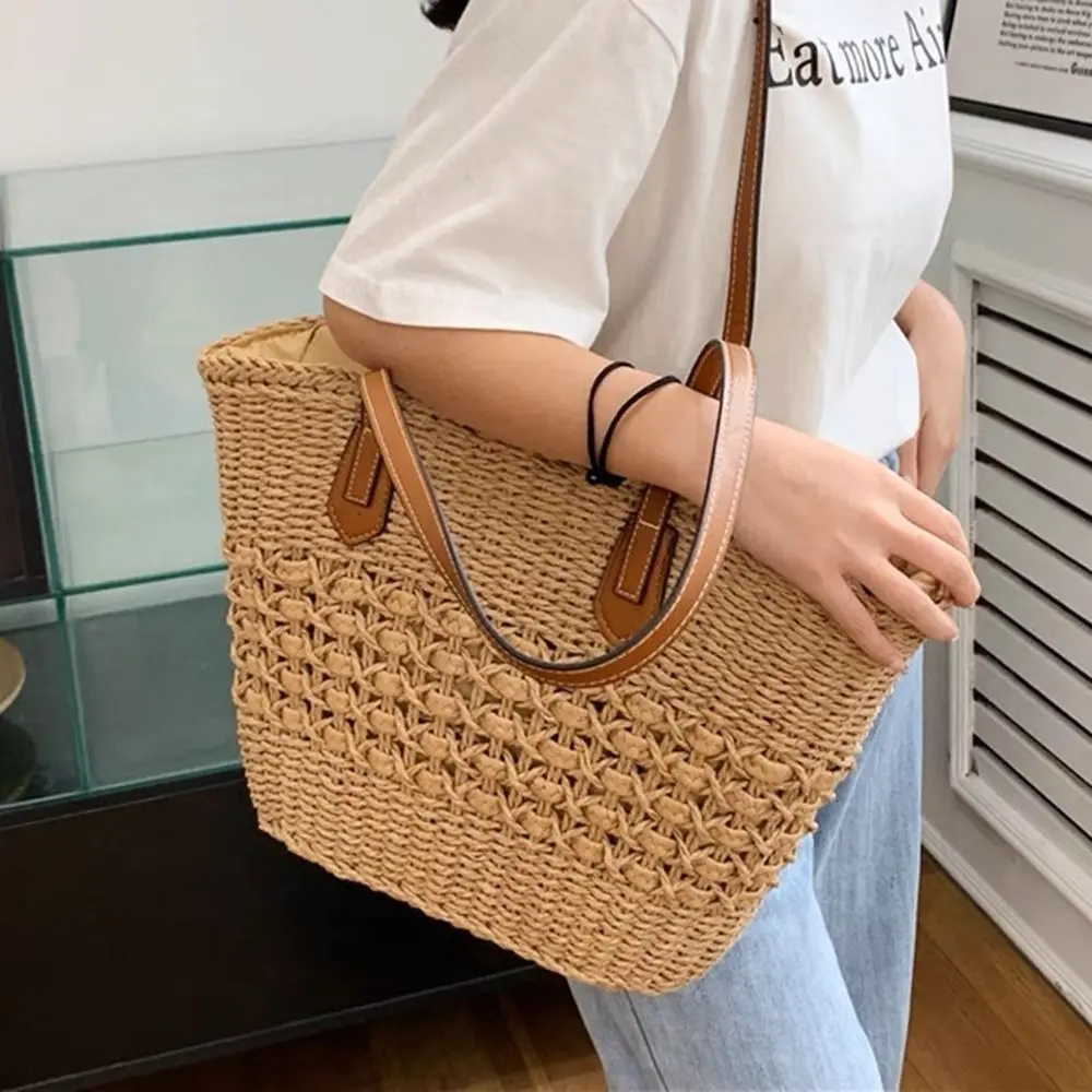 Women Casual Straw Handbags Wicker Woven Shoulder Bags Summer Beach Straw Bag Large Capacity Tote Lady Big Purses