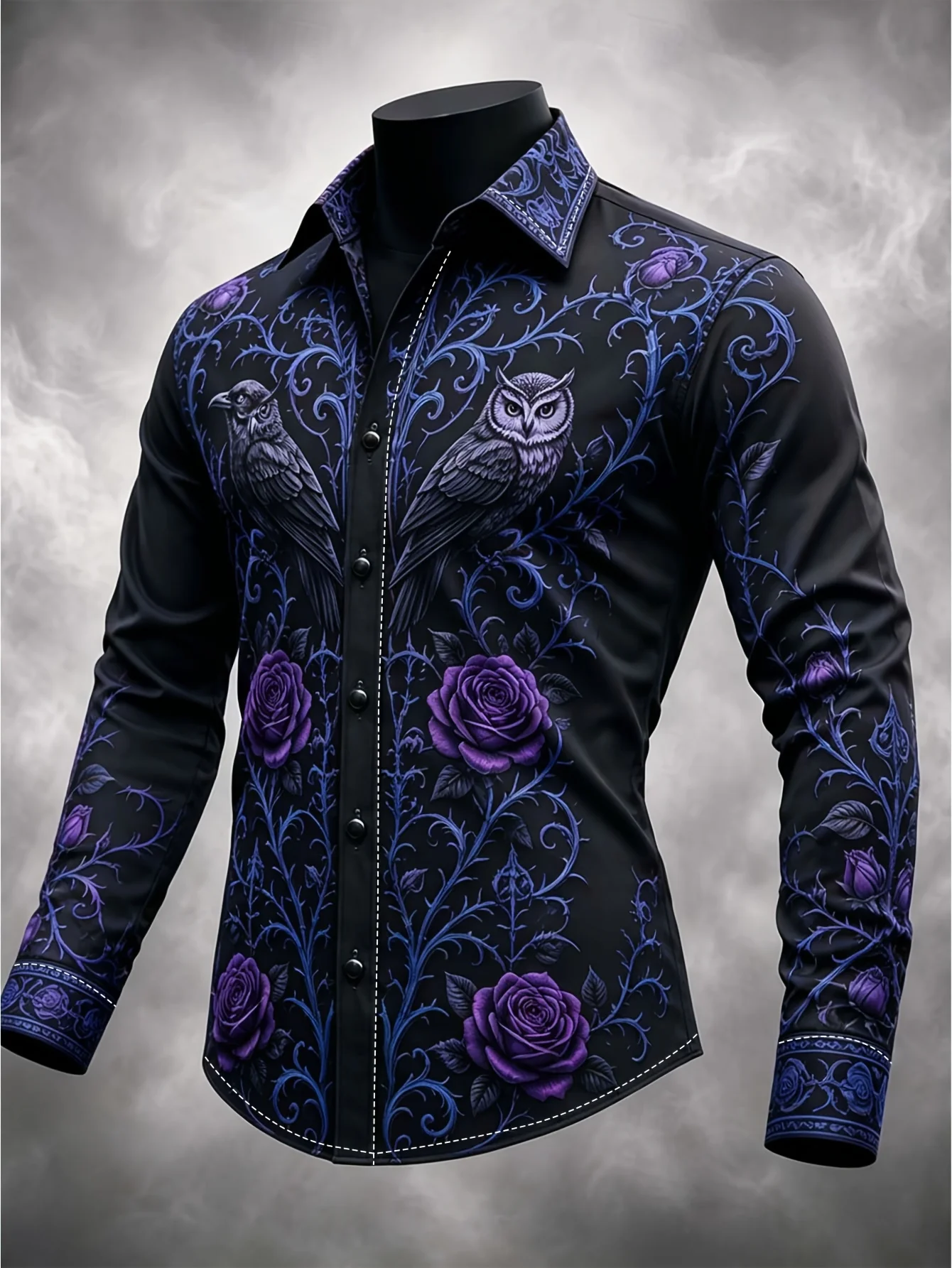 Gothic Style Men Lapel Collar Shirt Dark Base Purple Flower Owl Branch Graphic Polyester Long-Sleeve Blouse