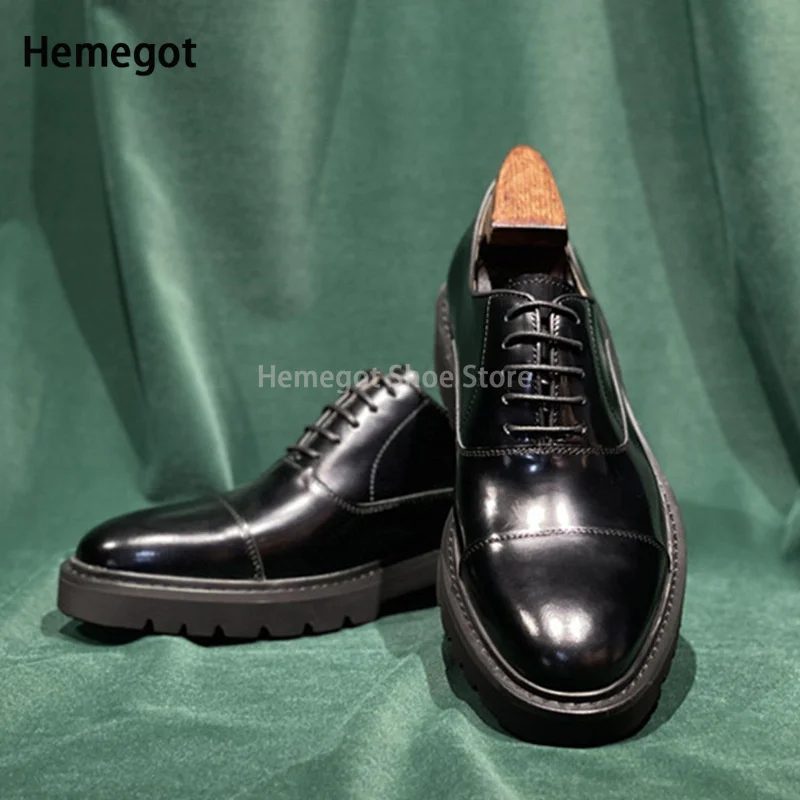 Zapatos informales de cuero para hombre, calzado de vestir con cordones, suela gruesa de alta calidad, color negro, para boda y novio