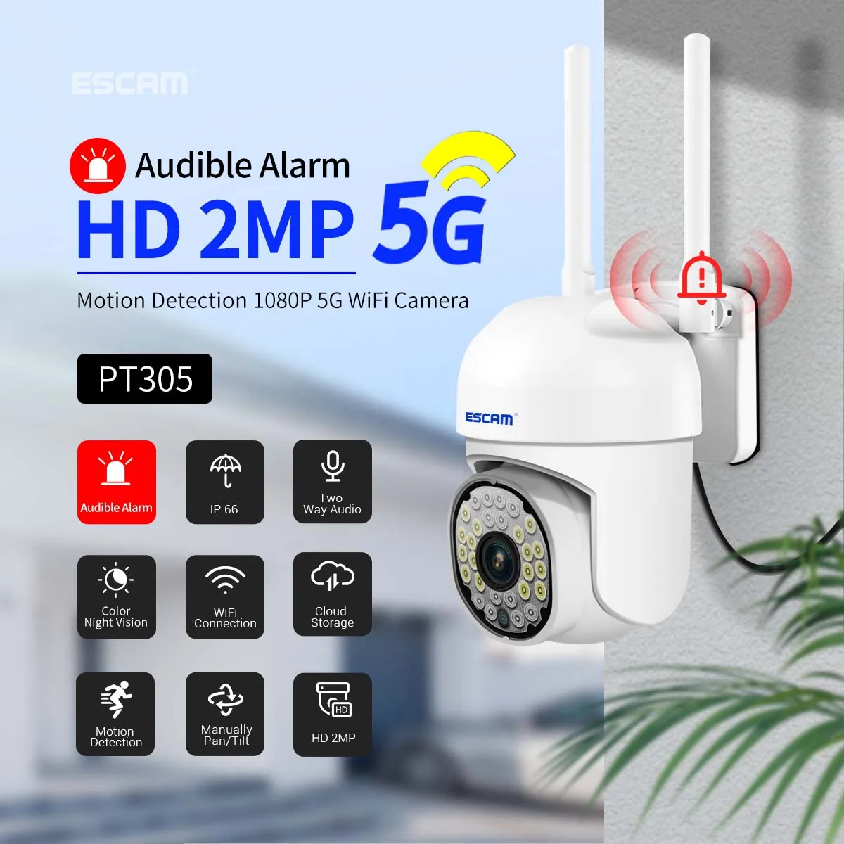 

ESCAM PT305 5G 2MP 1080P YiLot APP Full Color Wireless PTZ IP Dome AI Humanoid Detection Security Intercom CCTV Baby Monitor