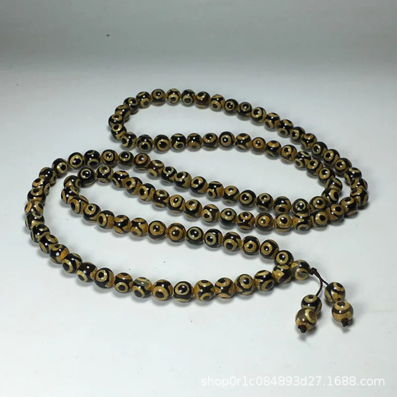 Old Black Agate Three 3 108 round Necklace Buddha Bracelet 3 Eyes Tibet Beads