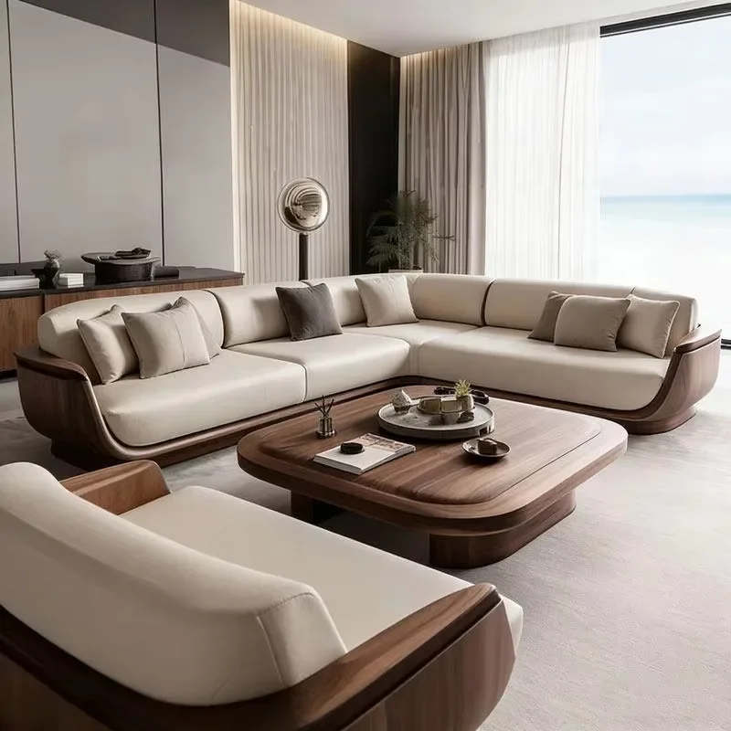 Modern Curved L‑Shape Sectional Sofa Set, Leather Upholstered Cushion, Solid Wood Frame for Living Room Home Furniture