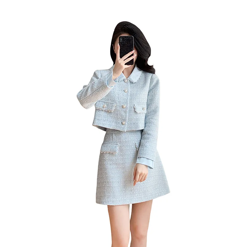 

Sky blue women's coarse tweed 2-pcs set doll collar jacket+skirt 2024 new autumn and winter small fragrance nail bead set