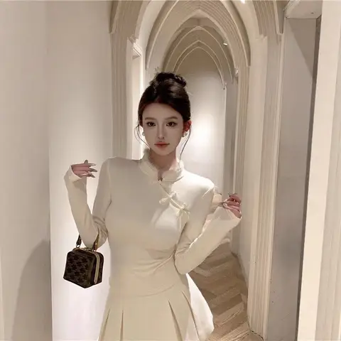 Fashionable Comfortable New Chinese Style Button up Stand Collar Long Sleeve T-Shirt Base Layer Shirt Polyester Regular Fit