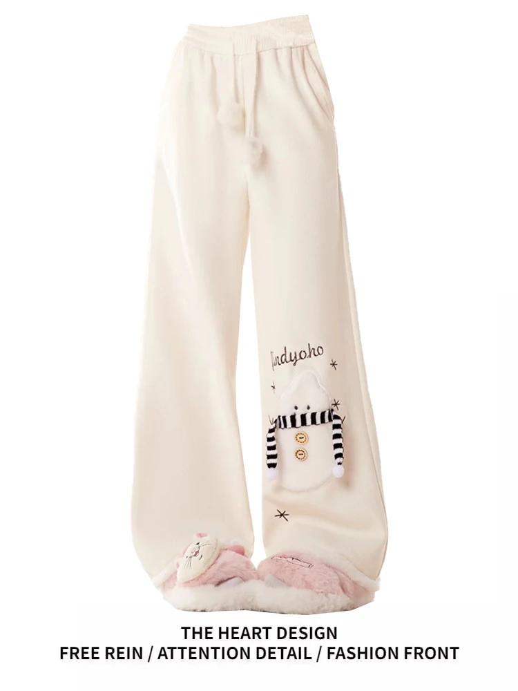 

Осенне-зимние женские свободные брюки с широкими штанинами, повседневные, с вышивкой, цвет абрикосовый, дизайн Cisas, с изображением маленького снеговика Dr.