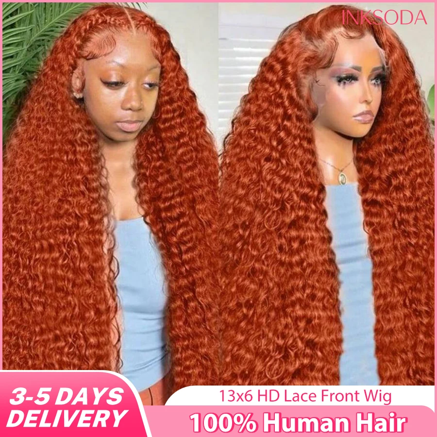 Wig Rambut Asli Keriting Model Orange Ginger Lace Front, Wig Deep Wave Frontal 30 32 Inch, Wig Rambut Asli HD Lace Front 13x6 13x4