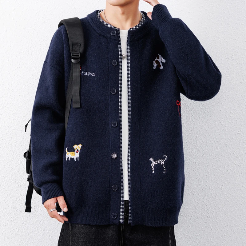 Hochwertige Herbst-Winter-Strickjacke, neue Mode, Herren-Rundhals-Luxusmarke, Cartoon-Stickerei, koreanischer lässiger Pullover-Mantel – Detail 5