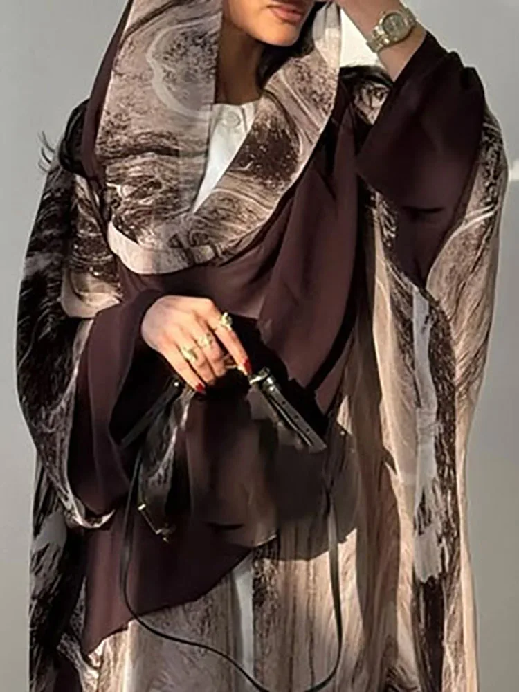 

Vintage Pattern Print Long Cardigan With Headscarf Muslim Womens Clothing Autumn V Neck Loose Open Stitch Top Jacket Winter Coat