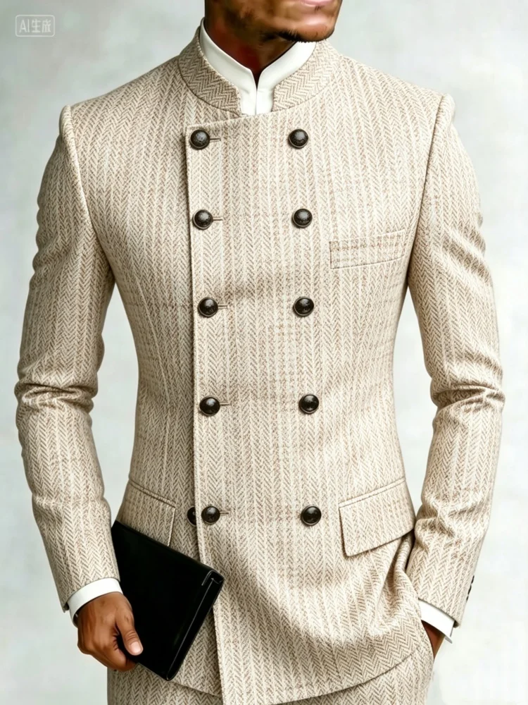 Mens Vintage Herringbone Textured Stand Collar Double Breasted Slim Fit Formal Blazer Coat For Men
