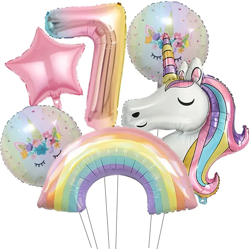 6pcs ainbow Unicorn Aluminum Balloon 32inch Gradient Number Balloon Unicorn Party Supplies Unicorn Party Decoration Baby Shower