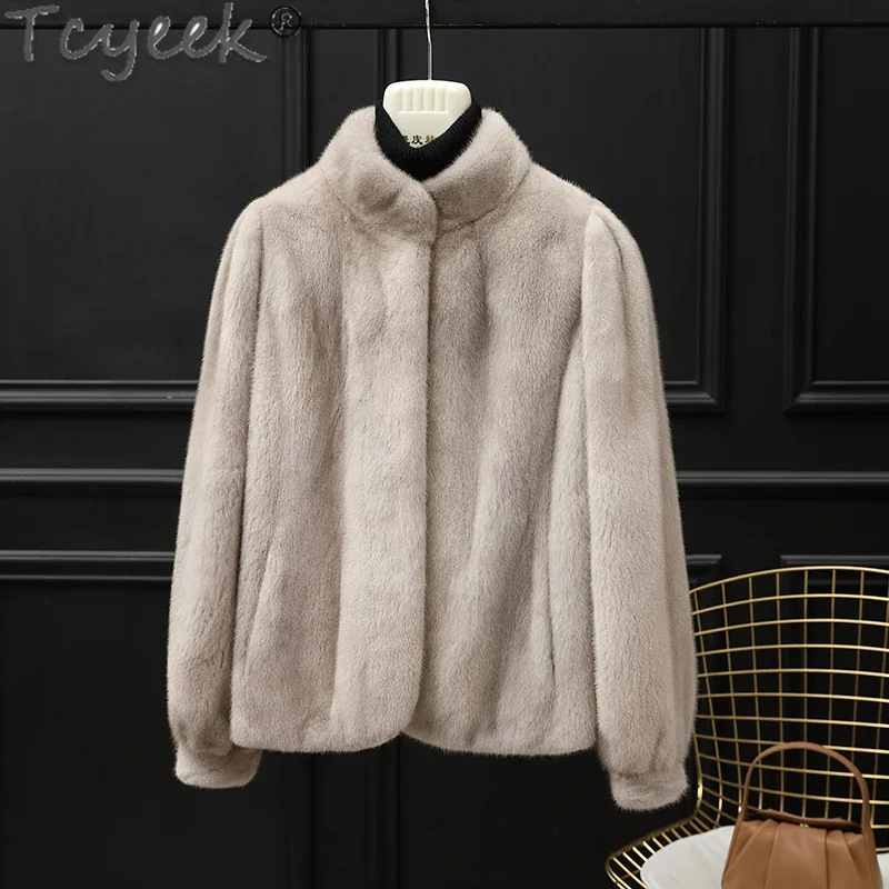 Tcyeek-Manteau en fourrure véritable pour femme, col montant, veste en vison entier, style court, naturel, mode féminine, hiver