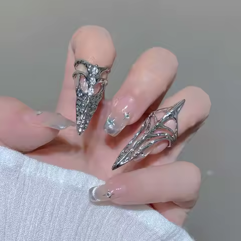 Gothic Silver Color Nail Cover Ring for Women Girls Punk Metal Rhinestone Hollow Fingertip Protective Cover Finger Rings Jewelry