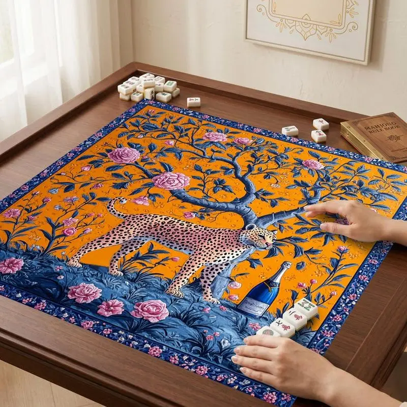 VIKAMA Orange Tree Floral Cheetah Mahjong Mat Non Slip Shock Absorb Soft Square Pad Washable Luxury Table Mat