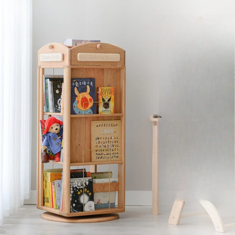 Wait a few wood Paddington rotating bookshelf 360 degree bookcase solid wood children's picture book rack floor storage