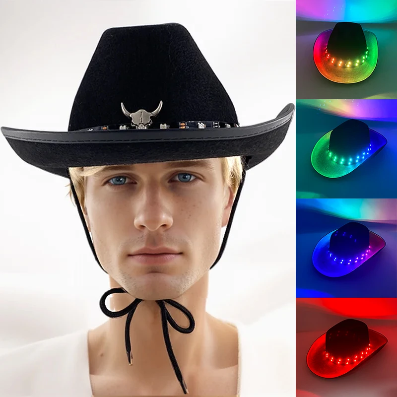 

LED Colorful Western Cowboy Hats Concert NightClub Holidays Halloween Accessories Multi Functional LED Cowboy Denim Hat For Men