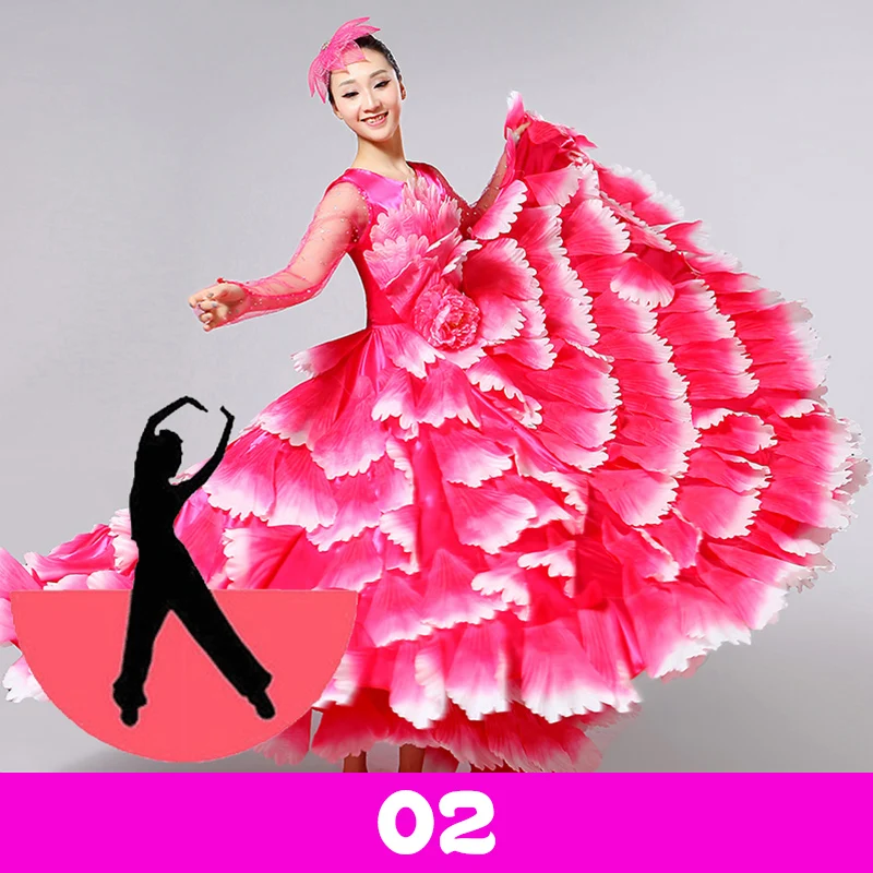 Damen Spanisches Flamenco Stierkampf-Kleid, Eröffnungstanz, Großer Schwung, Blütenblatt-Design, Klassische Kleider, Bühnentänzerin, Performance-Rock, Kostüm – Detail 21