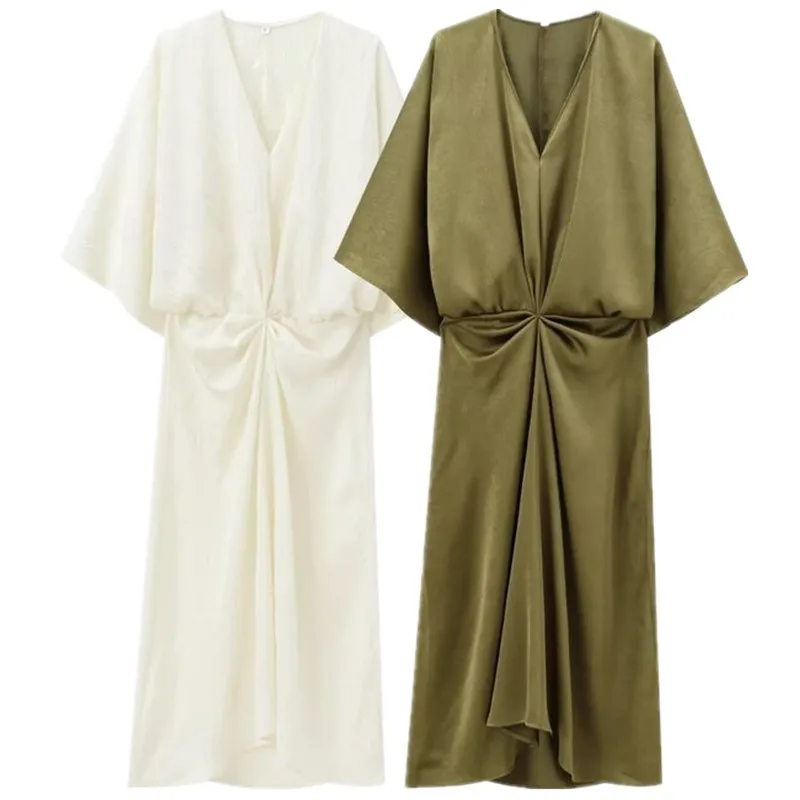 Herbst 2024 Neue Lange Midi Dr frauen Design Sinn Plissee Effekt Pendeln V-ne einteiliges Andere Material 00 % Dr