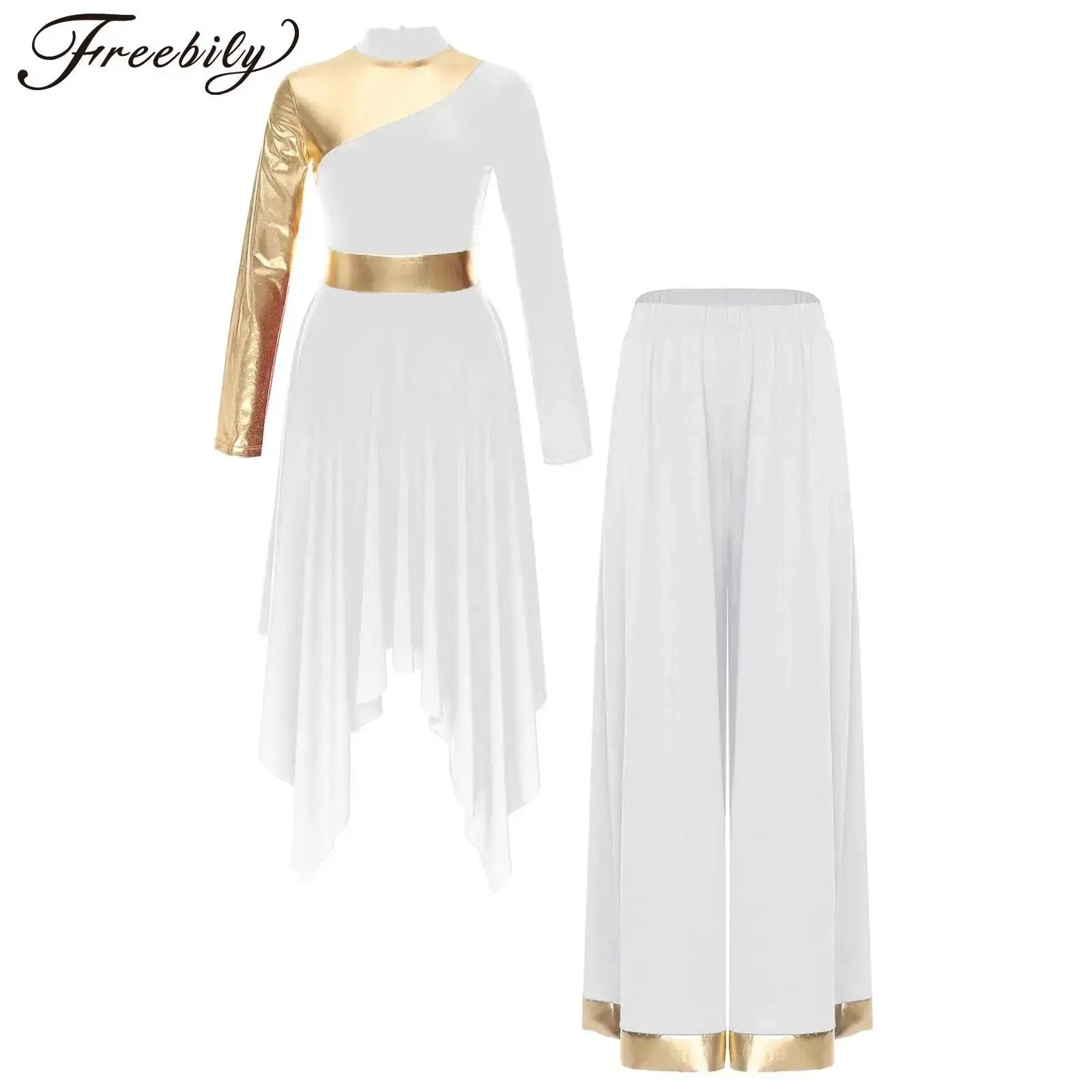 Women Liturgical Worship Praise Outfit Long Sleeve Dress with Wide Leg Pants for Modern Lyrical Dance Church Choir Performance