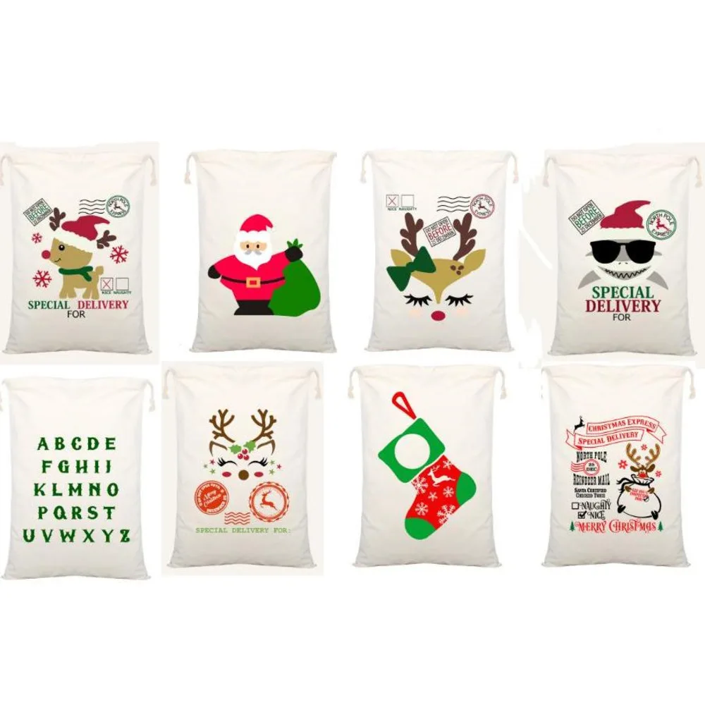 Christmas Gift Bags Canvas Drawstring Bag With Reindeers Santa Claus Sack Bags For Kids Decoration Bolsas De Regalo De Navidad